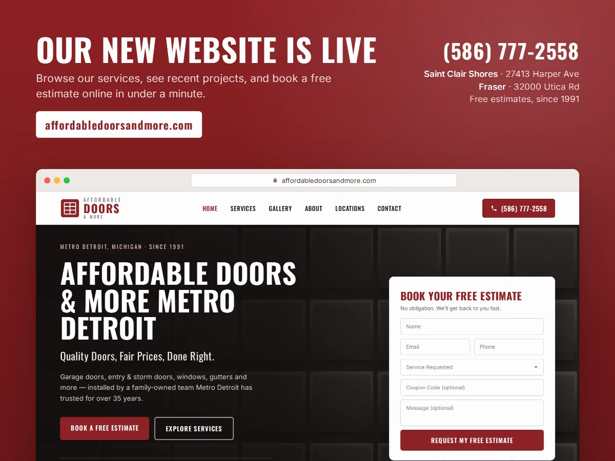 “Our new website is live” announcement for Affordable Doors & More, showing the new site’s home page and free estimate form